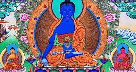 Medicine Buddha and his "brothers" are an effective visualization and practice to help with illness or ill fortune. Here the Lapis Lazuli Medicine Buddha Bhaisajyaguru is surrounded by his Medicine Brother emanations and crowned (top) with Shakyamuni Buddha who not only taught Medicine Buddha practice — he is considered a Medicine Buddha Himself.