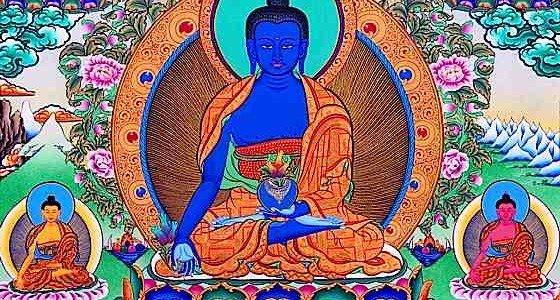 Medicine Buddha and his "brothers" are an effective visualization and practice to help with illness or ill fortune. Here the Lapis Lazuli Medicine Buddha Bhaisajyaguru is surrounded by his Medicine Brother emanations and crowned (top) with Shakyamuni Buddha who not only taught Medicine Buddha practice — he is considered a Medicine Buddha Himself.