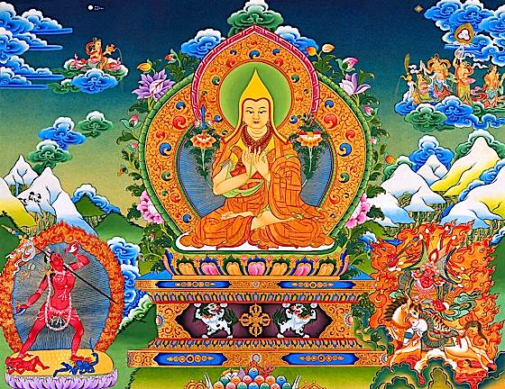 Lama Tsongkhapa beautifully visualized with Vajrayogini on a snow lion throne